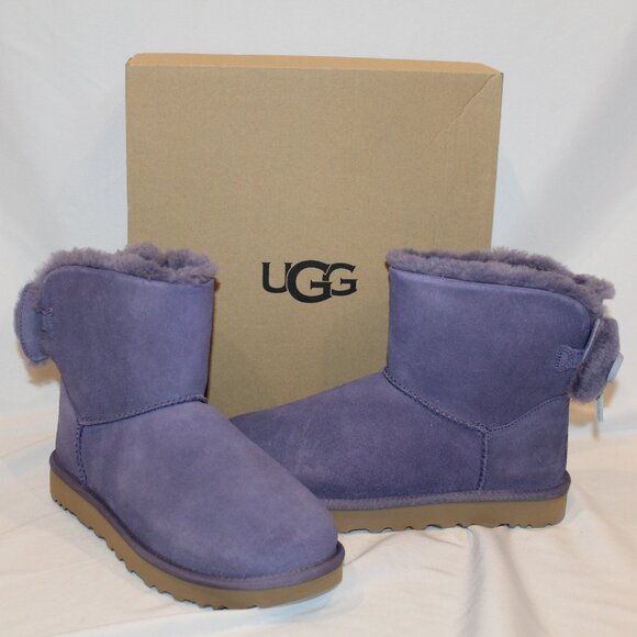 UGG WOMEN'S MINI BAILEY BOW SUEDE SHEARLING LINED ANKLE BOOTS PURPLE - Picture 4 of 9